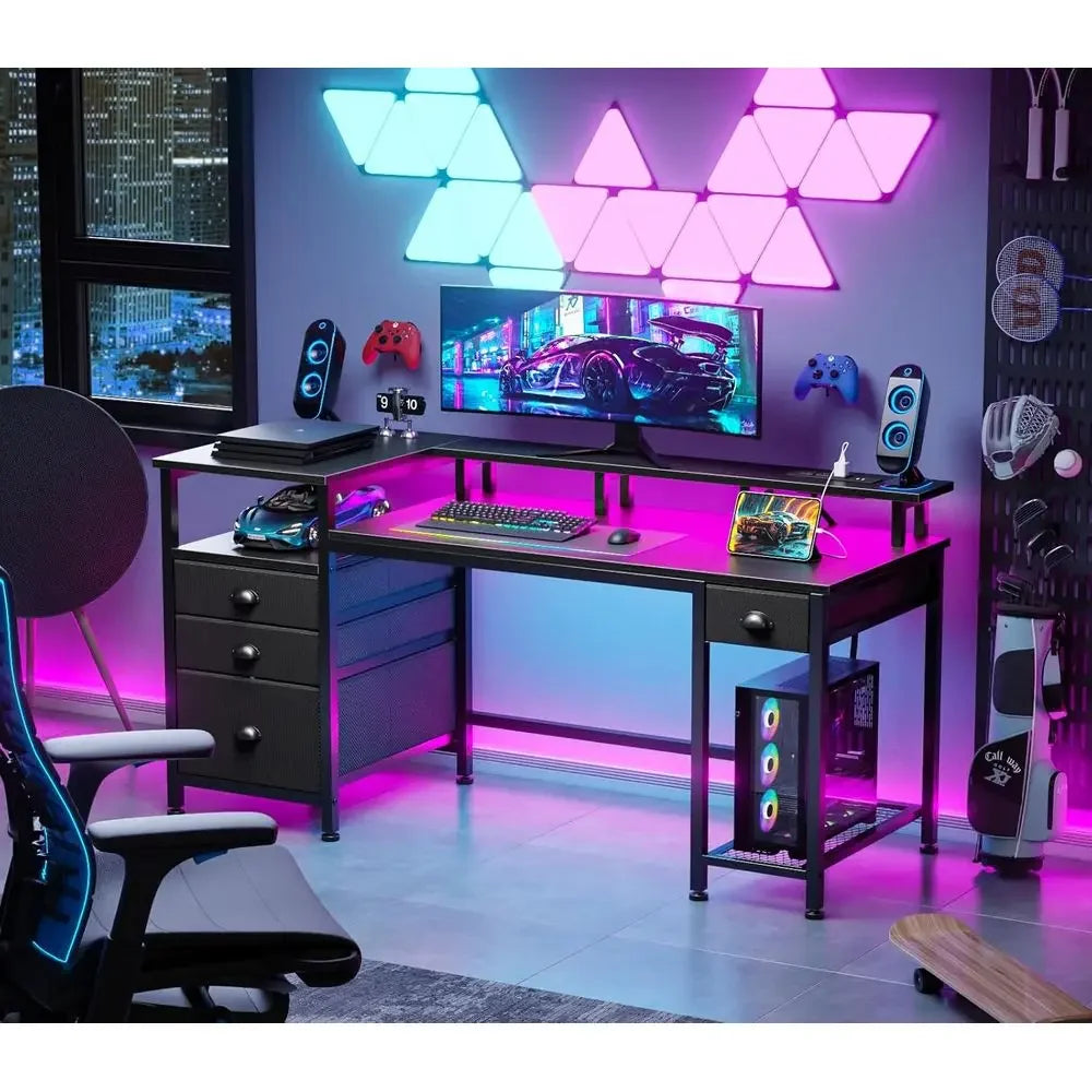 60" Black Computer Desk with 4 Ders and Printer Space, Gaming Desk with LED Lights and USB Power Outlets, Home Oice Desk with ab