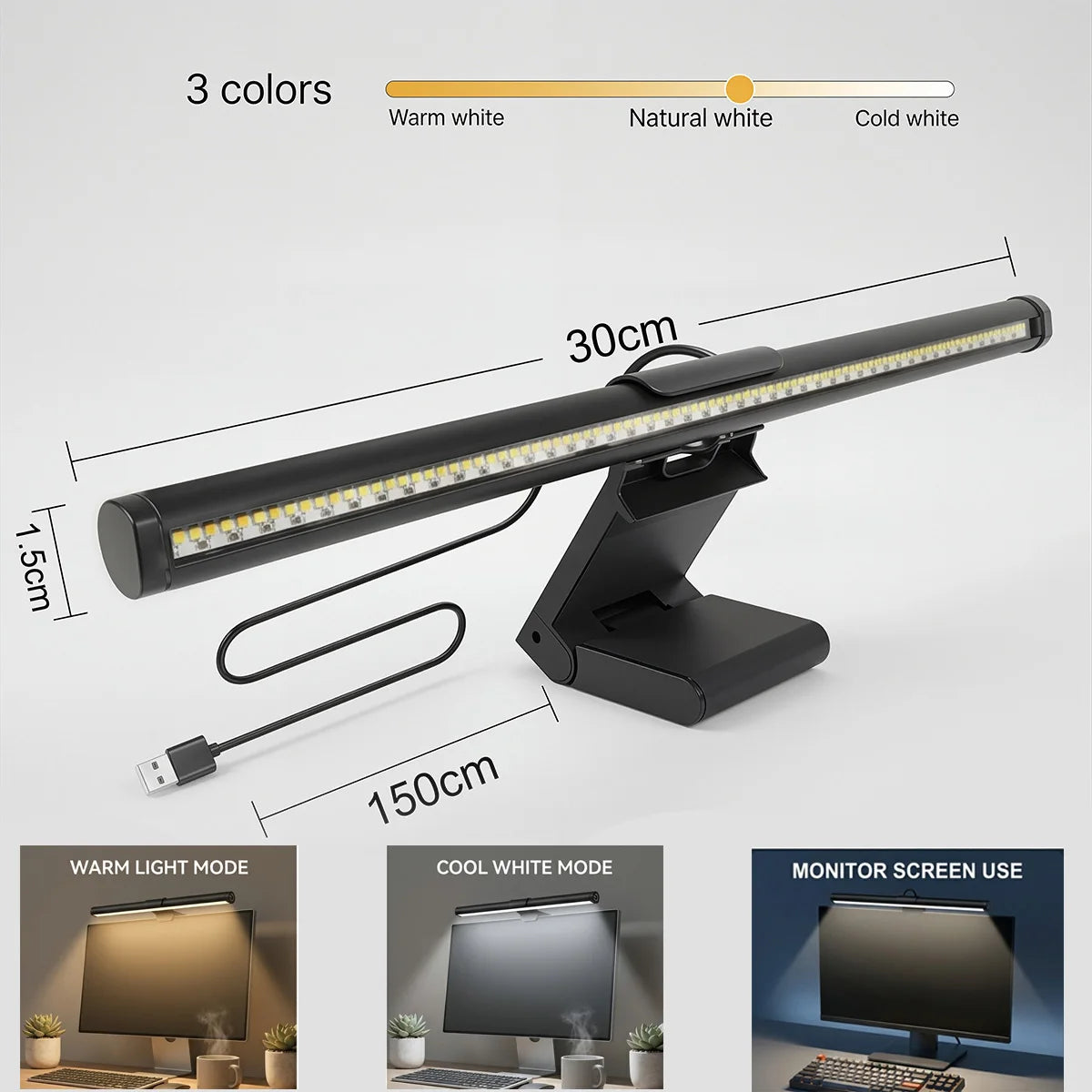 USB Powered LED Computer Screen Hanging Light Bar 30CM LED Monitor Lights Bar Dimming Lighting for Work Gaming Read Table Lamp