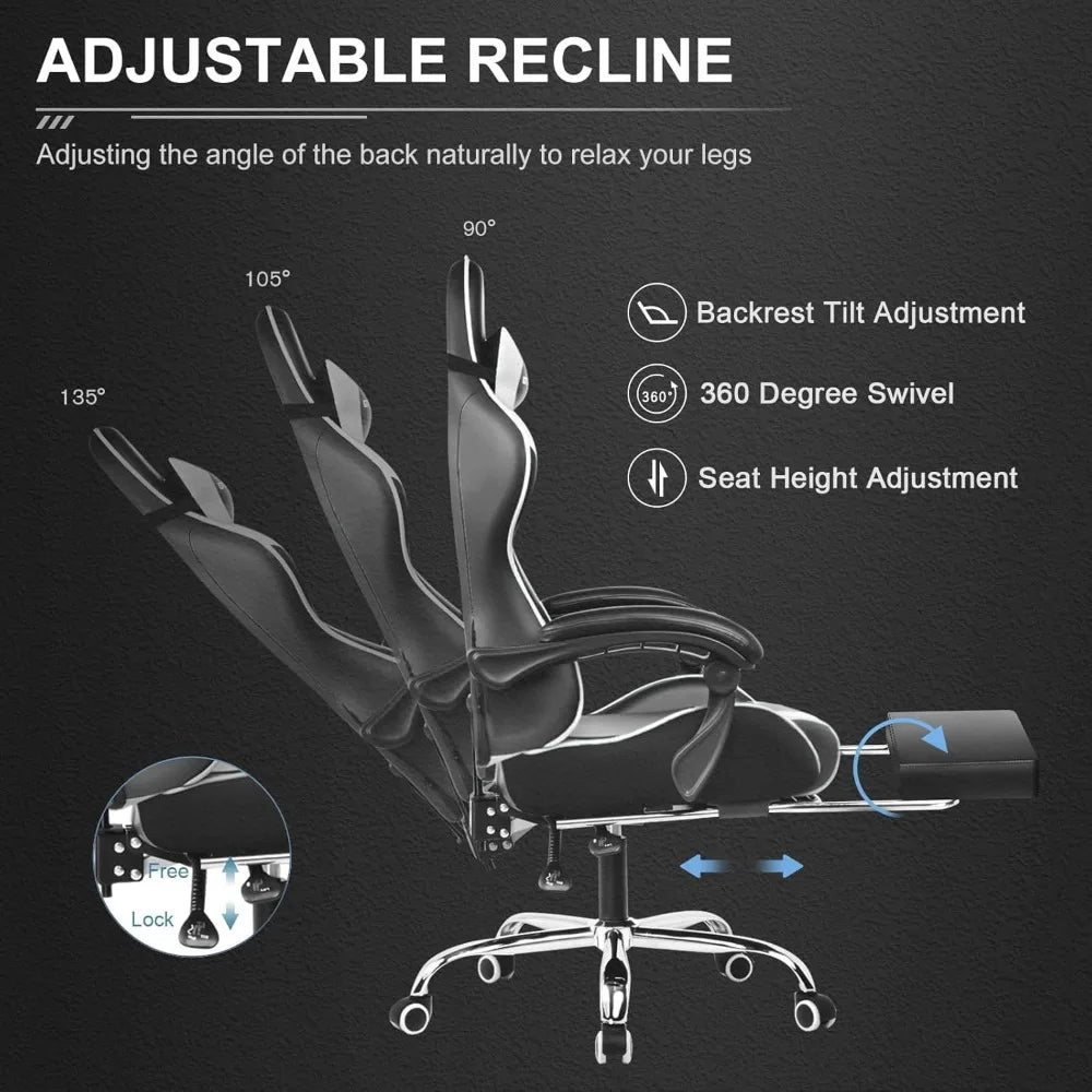Gaming Chair with Footrest, Lumbar Support, Height Adjustable, 360° Swivel, Pearl White