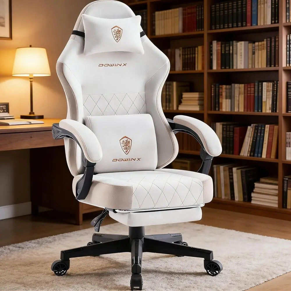 Ergonomic Gaming Chair with Spring Cushion, Massage Lumbar Support, Footrest, Wide Padded Seat & Armrests, Breathable Fabric, Re