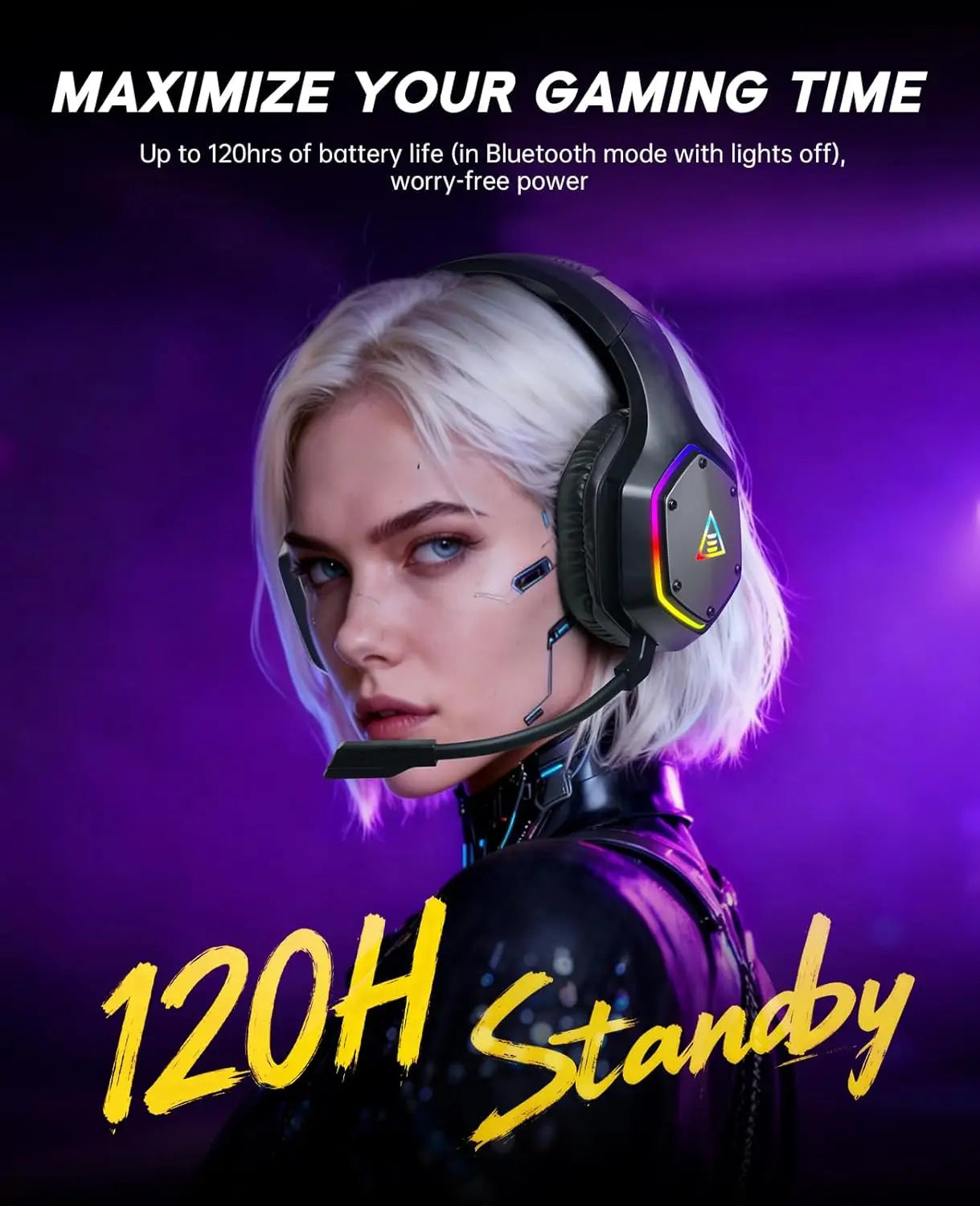 2.4GHz Wireless Gaming Headset for PS5, PS4, PC, Switch, Mobile, Mac: Bluetooth, ENC Mic, RGB, 20ms Latency, 120H Battery, 7.1 Surround Sound, 3.5mm Cable Black Silver