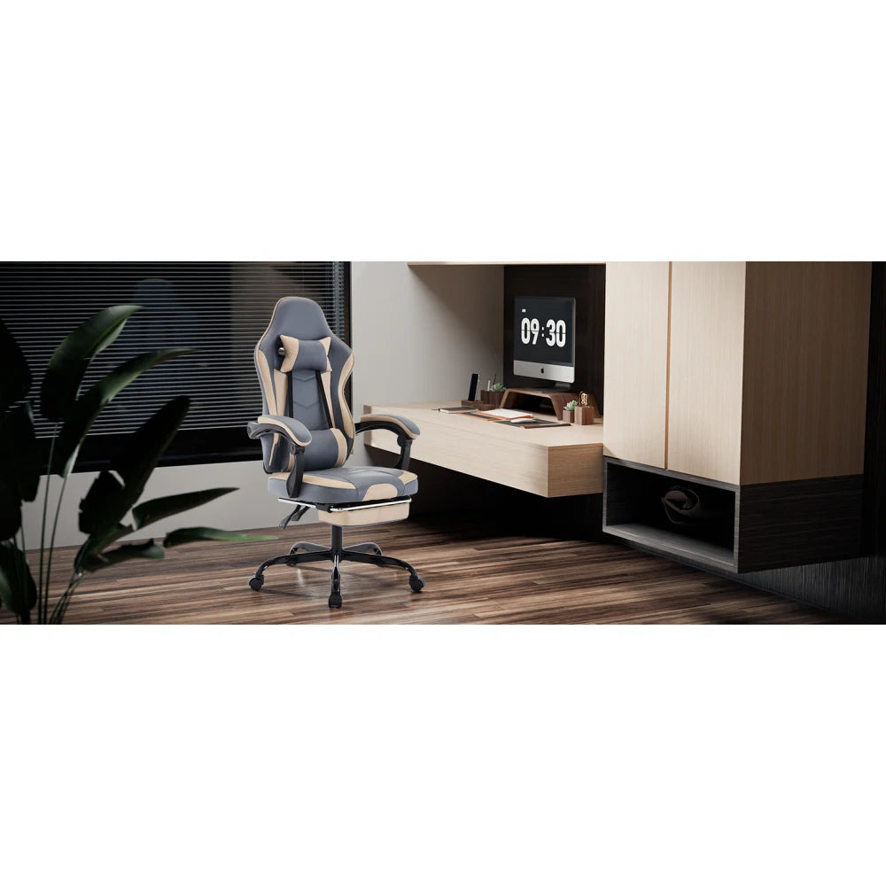 Gaming Chair, Ergonomic Computer Chair with Footrest and Massage Lumbar Support, Height Adjustable Swivel Video Game Chair for Adults, 300lb Max, Blue Beige