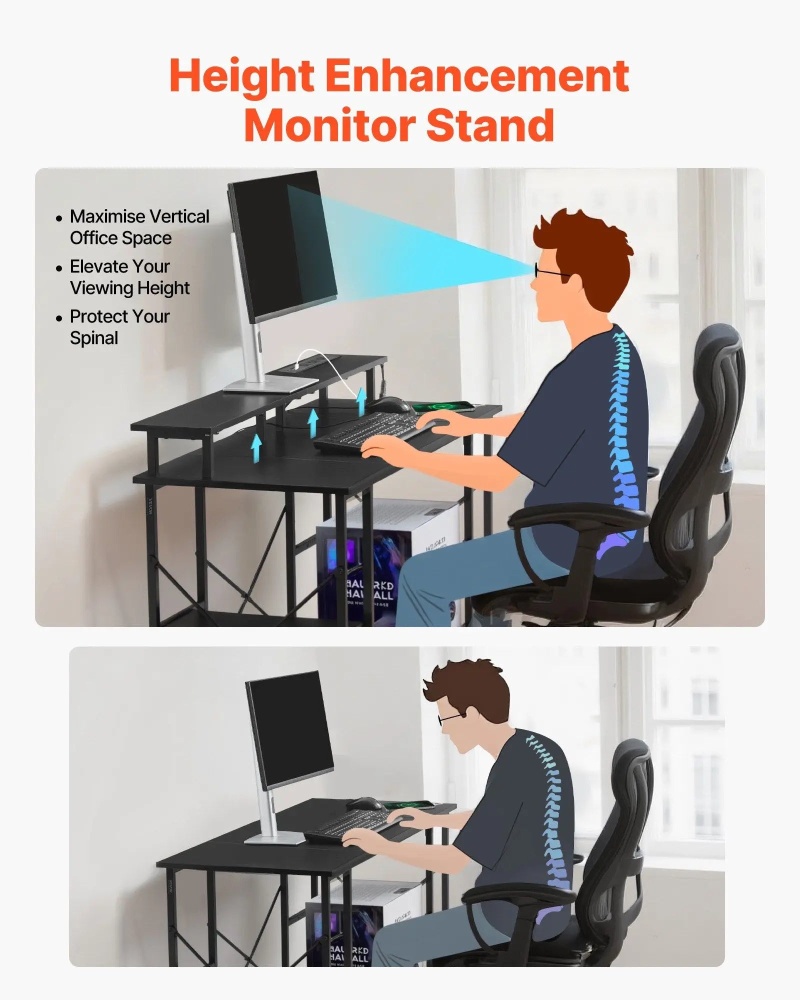 47" Gaming Desk with LED Lights & Power Outlets, Computer Desk with Monitor Stand & 2-Tier Storage Sheves, Study Work for Home