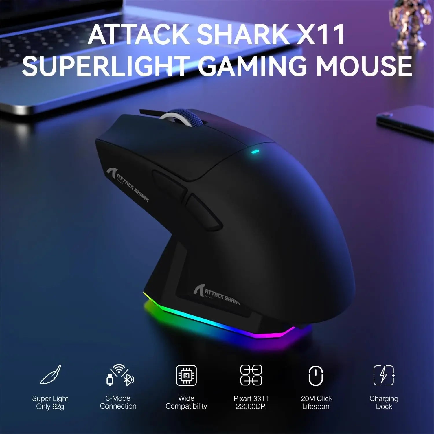 ATTACK SHARK X11 Lightweight Three-mode Wireless Gaming Mouse with RGB Charging Dock Optical Sensor PAW3311 22K DPI PC/Mac
