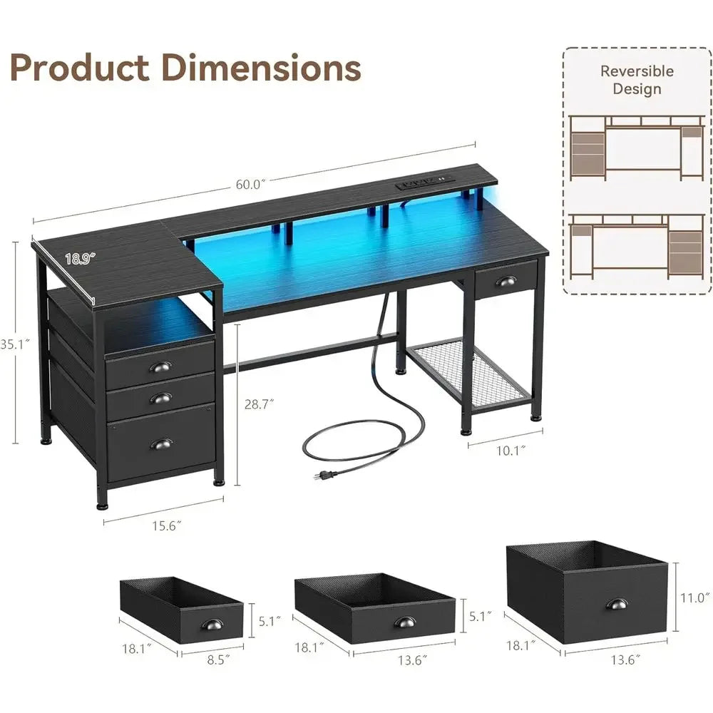 60" Black Computer Desk with 4 Ders and Printer Space, Gaming Desk with LED Lights and USB Power Outlets, Home Oice Desk with ab