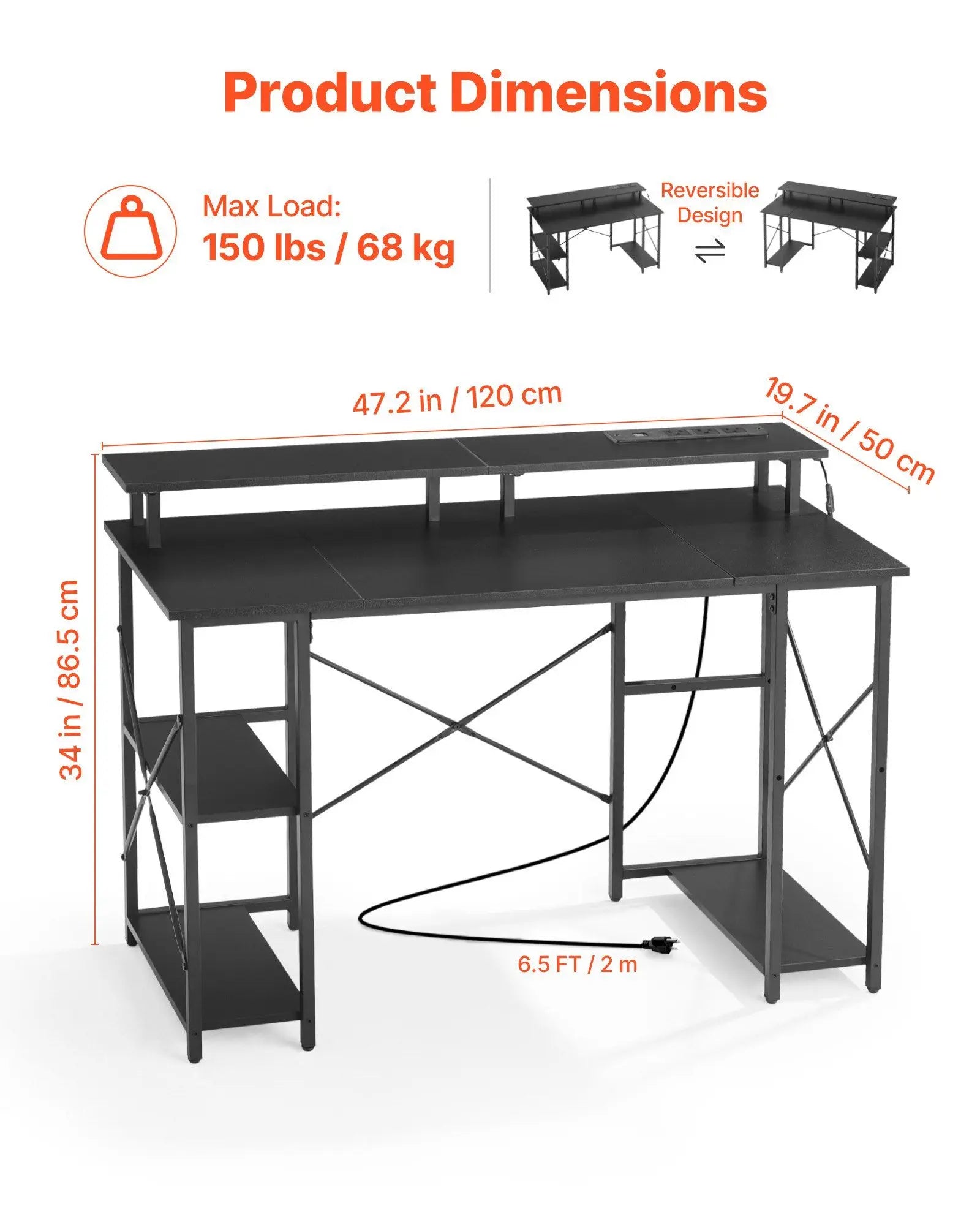 47" Gaming Desk with LED Lights & Power Outlets, Computer Desk with Monitor Stand & 2-Tier Storage Sheves, Study Work for Home