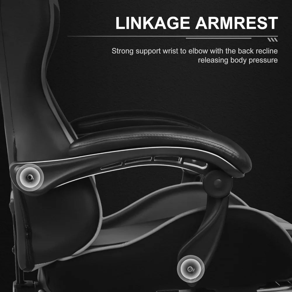 Gaming Chair with Footrest, Lumbar Support, Height Adjustable, 360° Swivel, Pearl White
