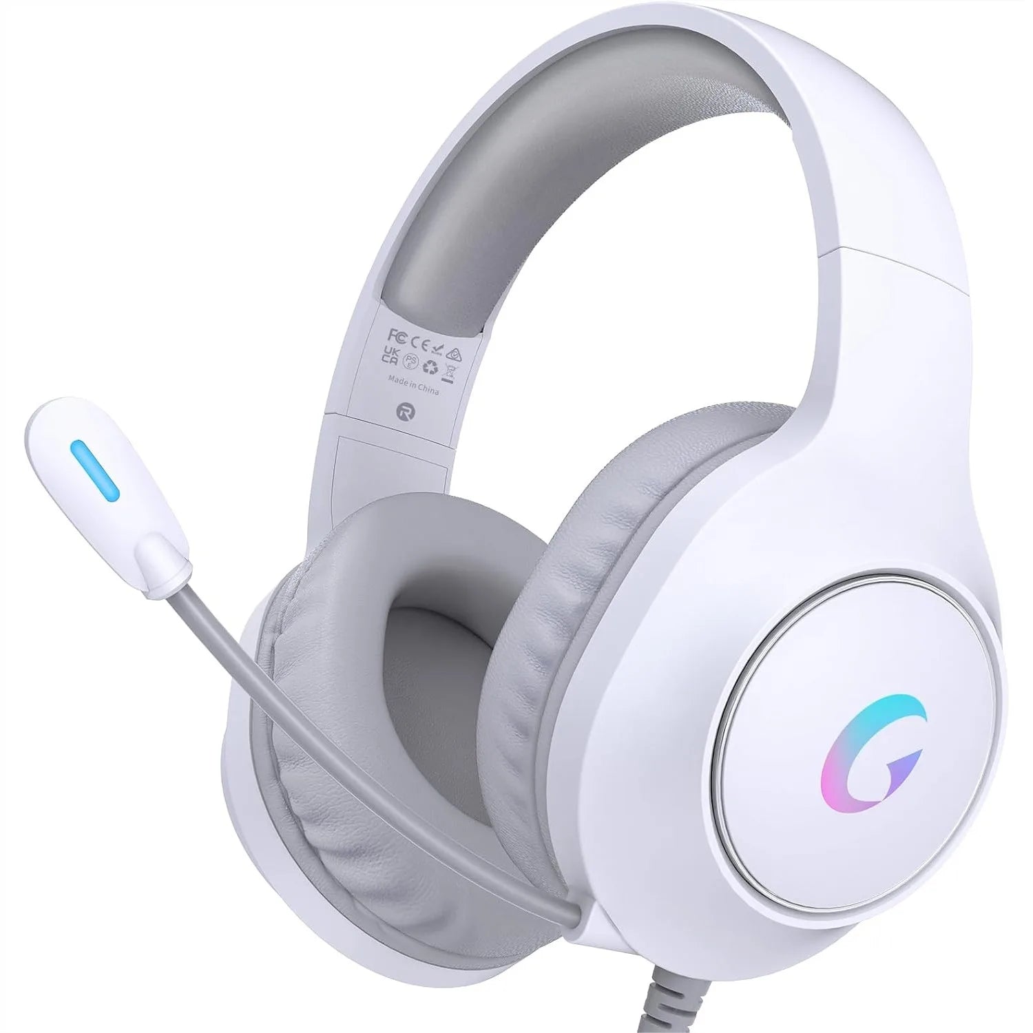 Gaming Headset With 7.1 Surround Sound For PC PS5 Xbox Series X|S Switch Over-Ear Headphones With 50MM Drivers Noise Canceling Mic And RGB Light White
