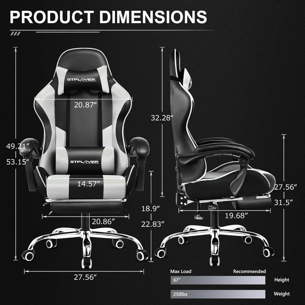 Gaming Chair with Footrest, Lumbar Support, Height Adjustable, 360° Swivel, Pearl White