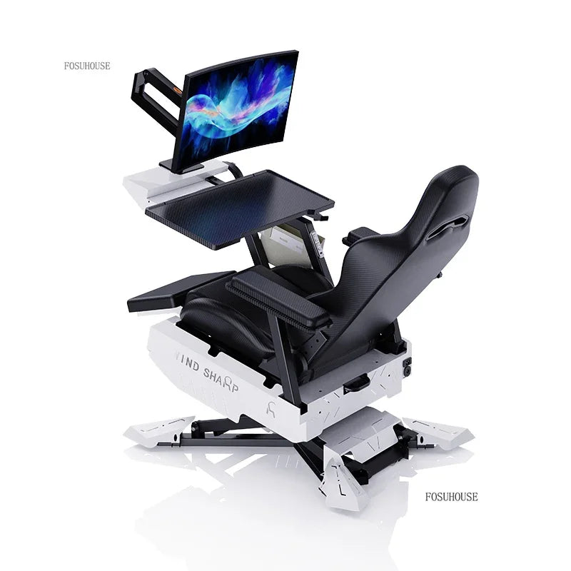 Reclining Gaming Station Cockpit, Integrated Ergonomic Computer Desk Chair with Adjustable Monitor Stand & Armrest Work Tray