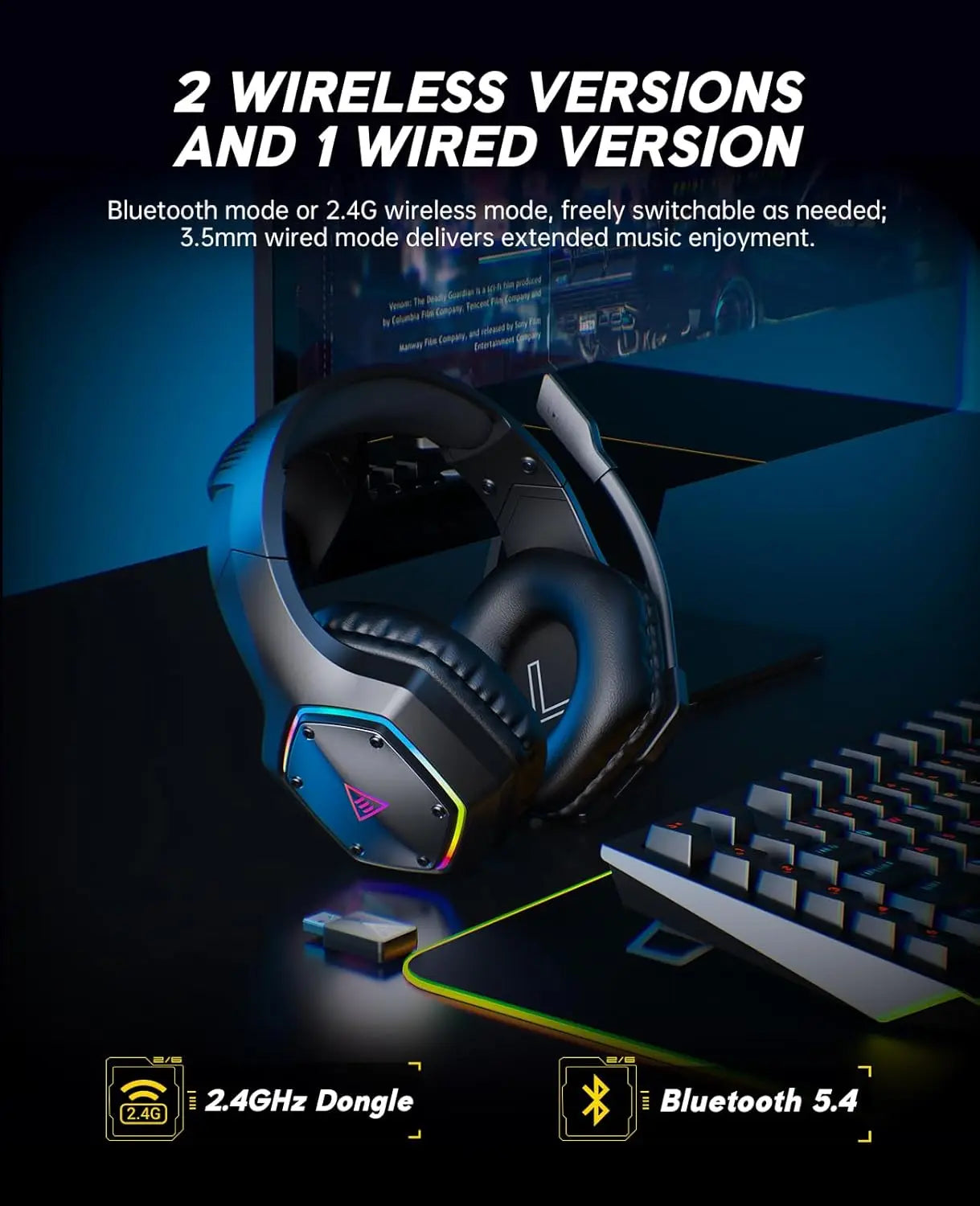 2.4GHz Wireless Gaming Headset for PS5, PS4, PC, Switch, Mobile, Mac: Bluetooth, ENC Mic, RGB, 20ms Latency, 120H Battery, 7.1 Surround Sound, 3.5mm Cable Black Silver