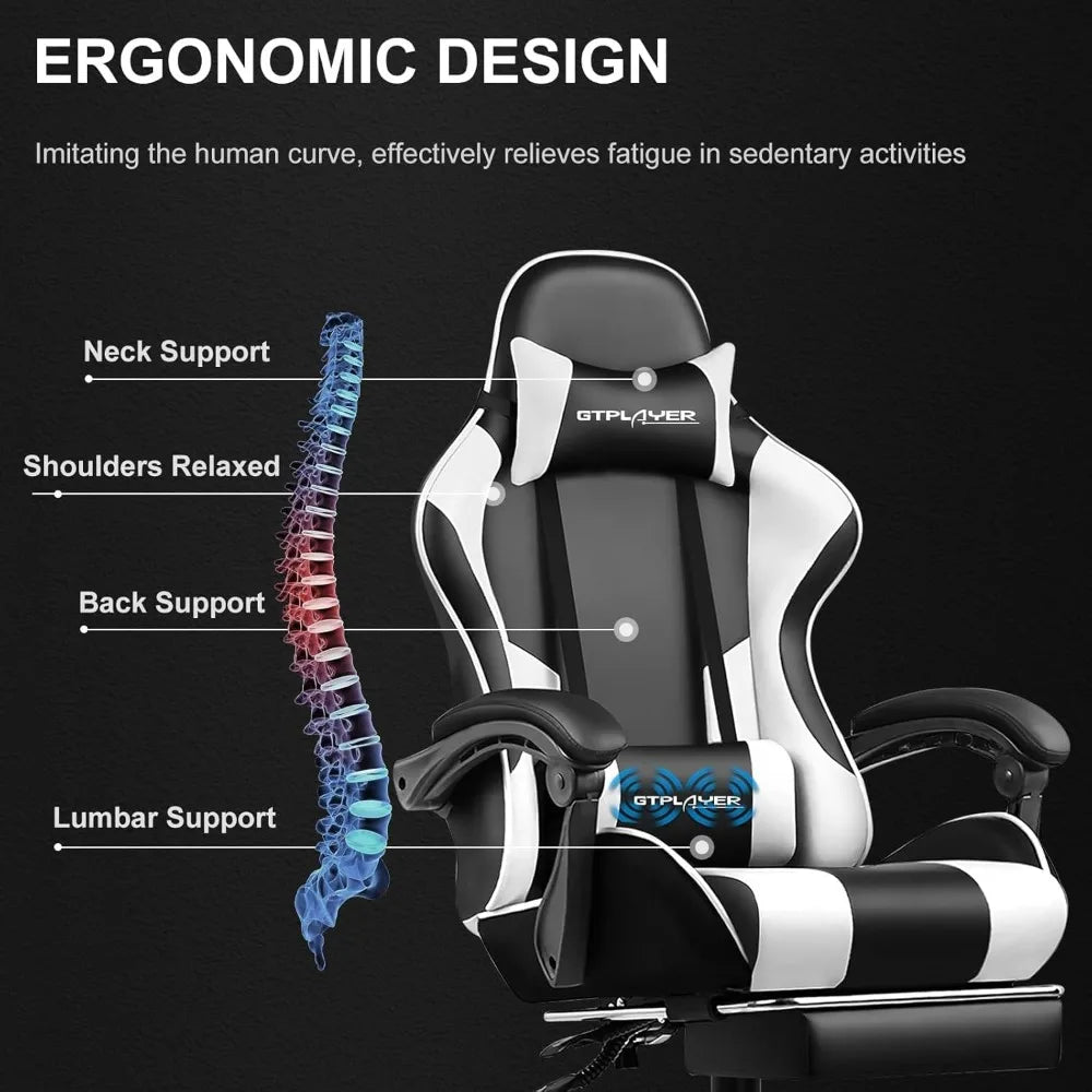 Gaming Chair with Footrest, Lumbar Support, Height Adjustable, 360° Swivel, Pearl White