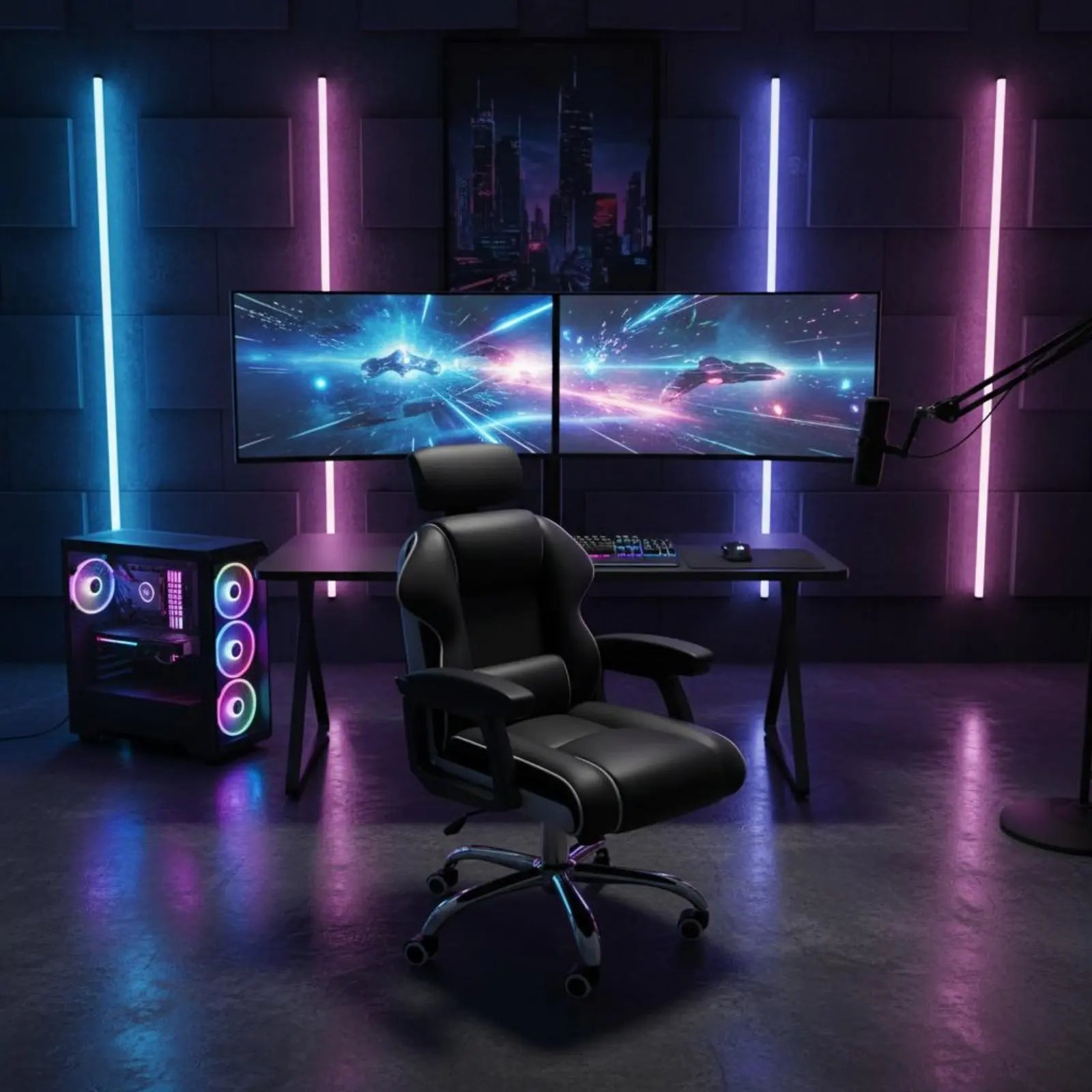 Ergonomic Gaming Chair Height Adjustable High-Rear Rotate Office Chair Full Recline Padded Armrests for Streamers, Bedroom