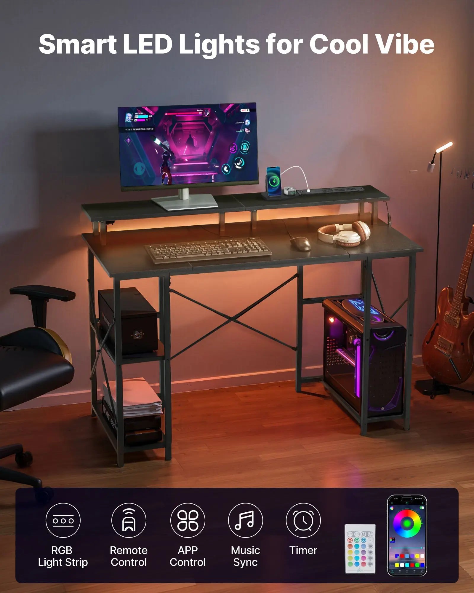 47" Gaming Desk with LED Lights & Power Outlets, Computer Desk with Monitor Stand & 2-Tier Storage Sheves, Study Work for Home