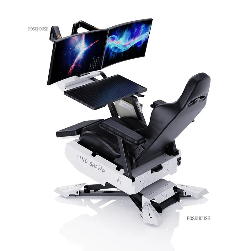 Reclining Gaming Station Cockpit, Integrated Ergonomic Computer Desk Chair with Adjustable Monitor Stand & Armrest Work Tray