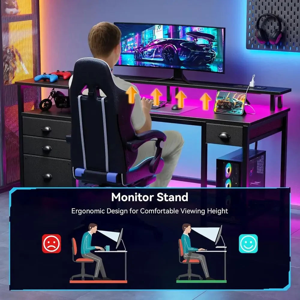 60" Black Computer Desk with 4 Ders and Printer Space, Gaming Desk with LED Lights and USB Power Outlets, Home Oice Desk with ab