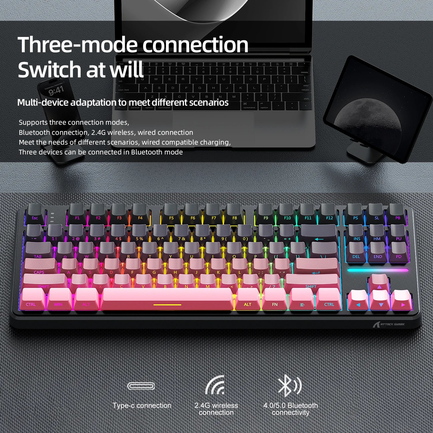 Attack Shark X87 Macro Drive Gaming Keyboard,Bluetooth Side Engraved Translucent Character Mechanical Keyboard,RGB,Hot-Swap