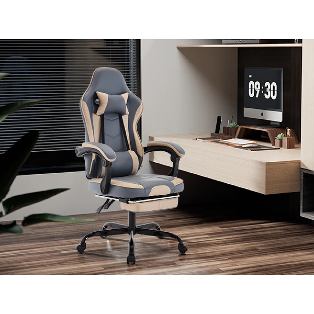 Gaming Chair, Ergonomic Computer Chair with Footrest and Massage Lumbar Support, Height Adjustable Swivel Video Game Chair for Adults, 300lb Max, Blue Beige