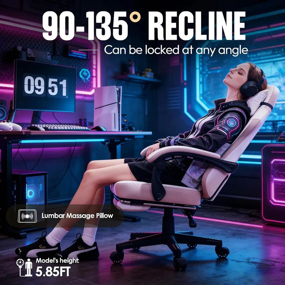 Ergonomic Gaming Chair with Spring Cushion, Massage Lumbar Support, Footrest, Wide Padded Seat & Armrests, Breathable Fabric, Re