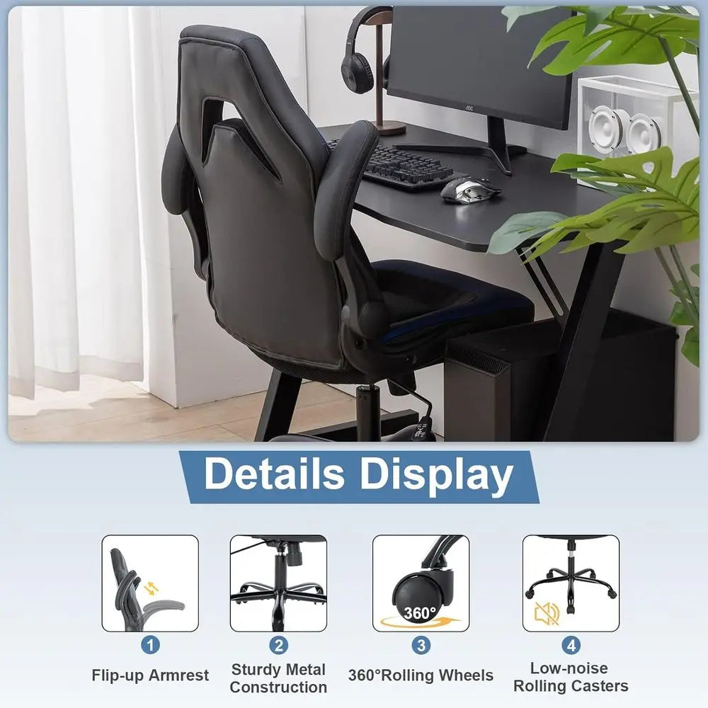 Height-Adjustable Ergonomic Gaming Chair with Padded Armrests for Adults and Video Gamers