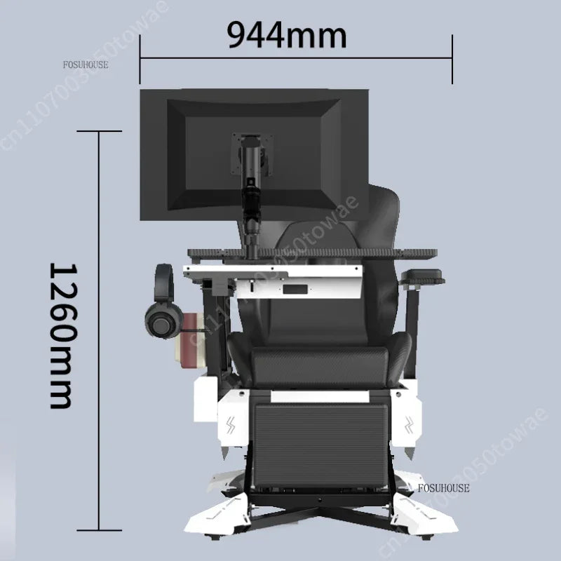 Reclining Gaming Station Cockpit, Integrated Ergonomic Computer Desk Chair with Adjustable Monitor Stand & Armrest Work Tray