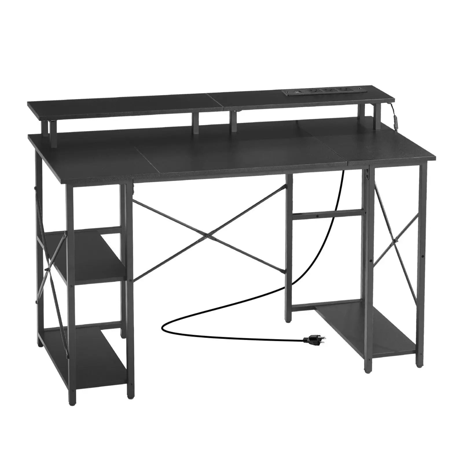 47" Gaming Desk with LED Lights & Power Outlets, Computer Desk with Monitor Stand & 2-Tier Storage Sheves, Study Work for Home