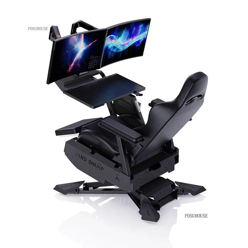Reclining Gaming Station Cockpit, Integrated Ergonomic Computer Desk Chair with Adjustable Monitor Stand & Armrest Work Tray