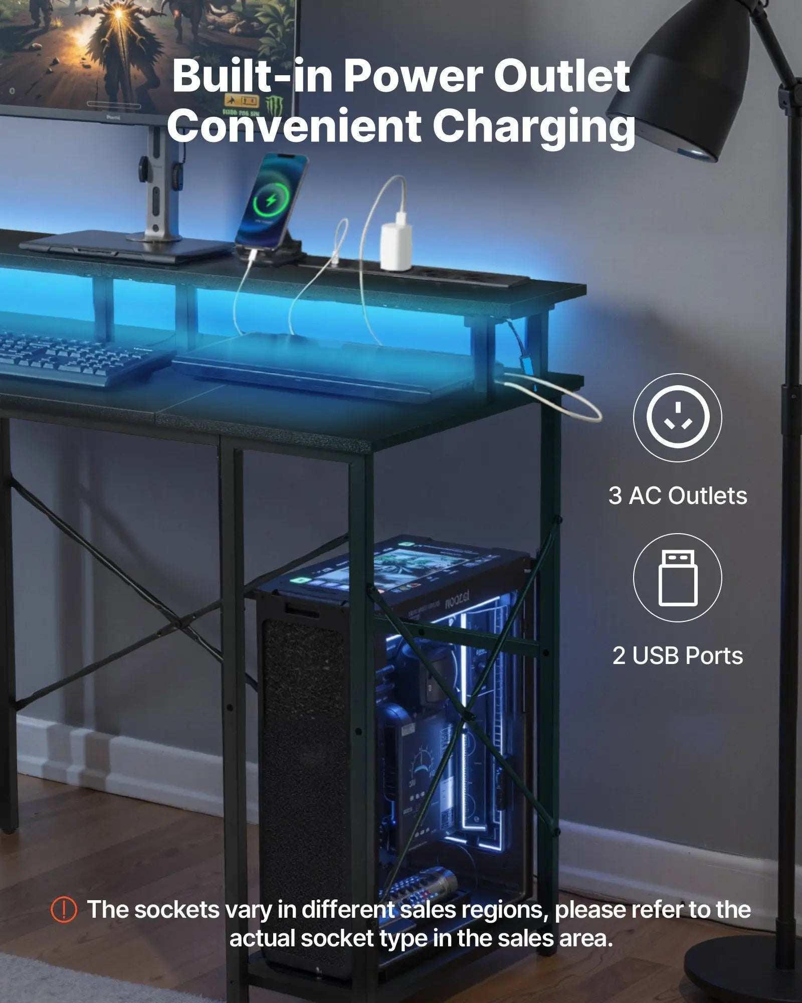 47" Gaming Desk with LED Lights & Power Outlets, Computer Desk with Monitor Stand & 2-Tier Storage Sheves, Study Work for Home