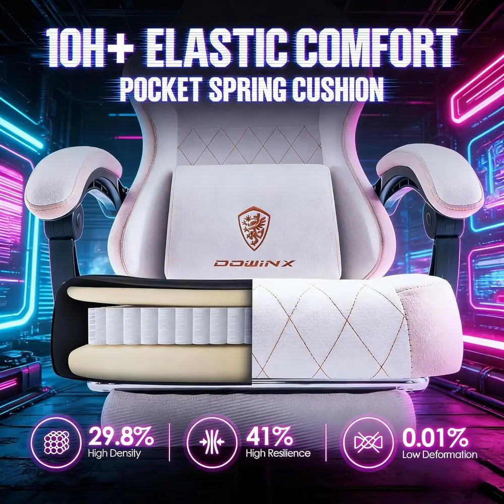 Ergonomic Gaming Chair with Spring Cushion, Massage Lumbar Support, Footrest, Wide Padded Seat & Armrests, Breathable Fabric, Re