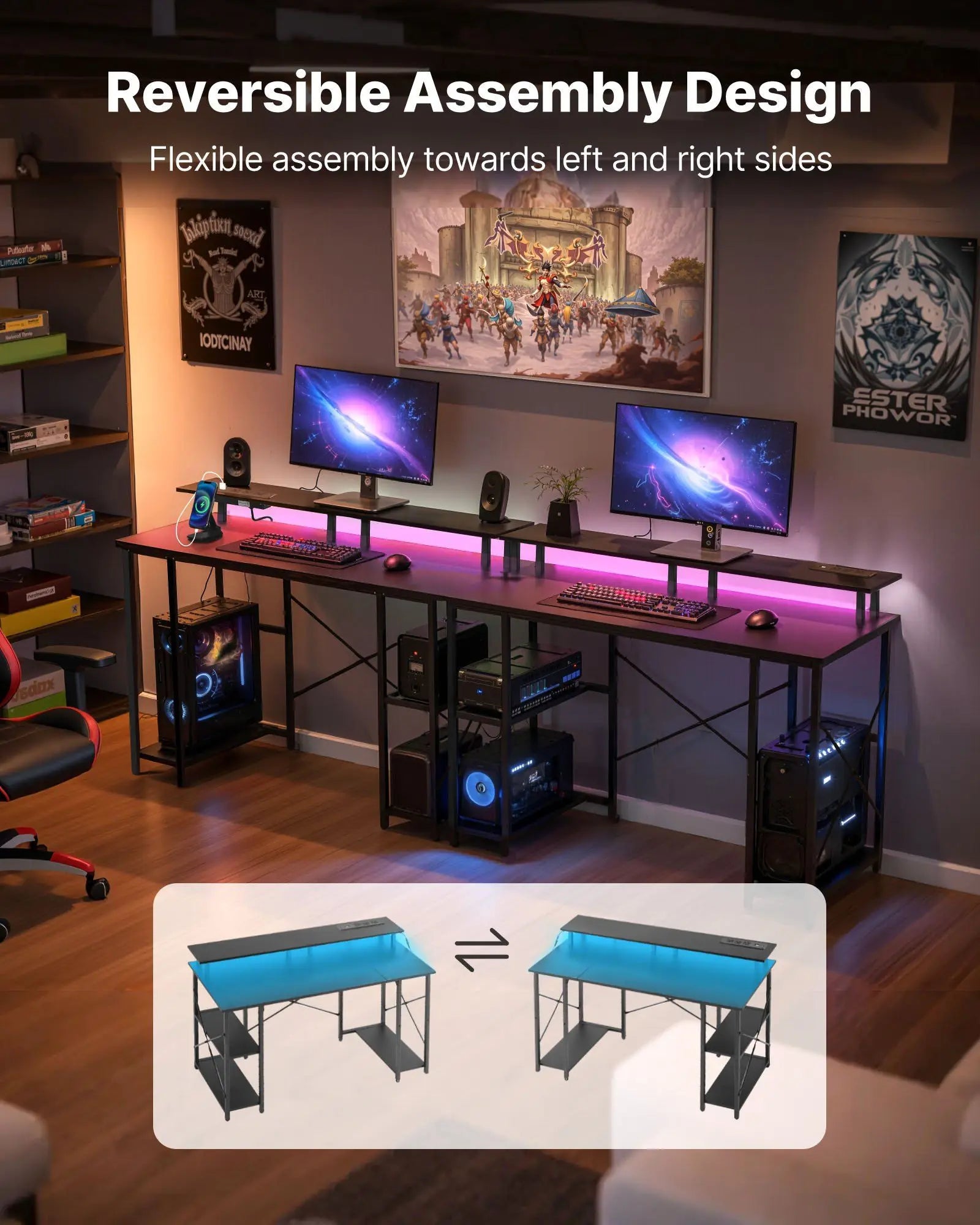 47" Gaming Desk with LED Lights & Power Outlets, Computer Desk with Monitor Stand & 2-Tier Storage Sheves, Study Work for Home