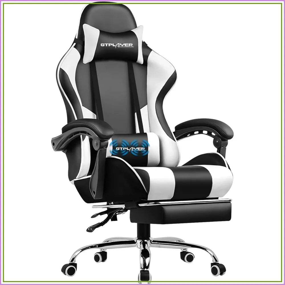 Gaming Chair with Footrest, Lumbar Support, Height Adjustable, 360° Swivel, Pearl White