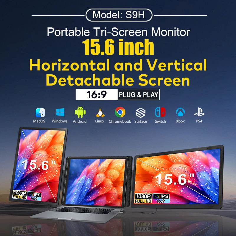 2026 Double 15.6 Inch Folding Screen Detachable Led Backlit Portable Triple Monitor for Gaming Laptop Computer