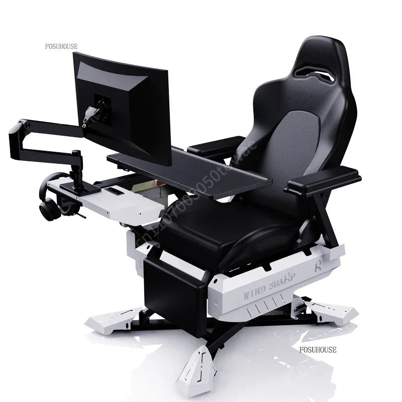 Reclining Gaming Station Cockpit, Integrated Ergonomic Computer Desk Chair with Adjustable Monitor Stand & Armrest Work Tray