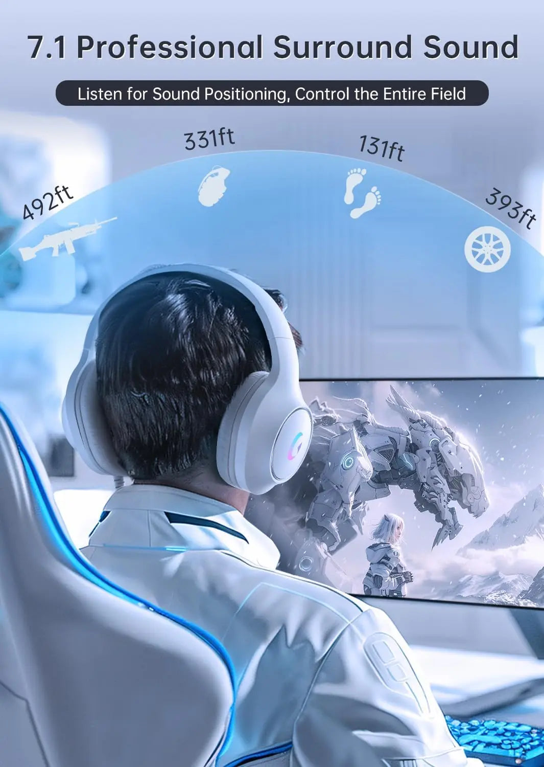 Gaming Headset With 7.1 Surround Sound For PC PS5 Xbox Series X|S Switch Over-Ear Headphones With 50MM Drivers Noise Canceling Mic And RGB Light White