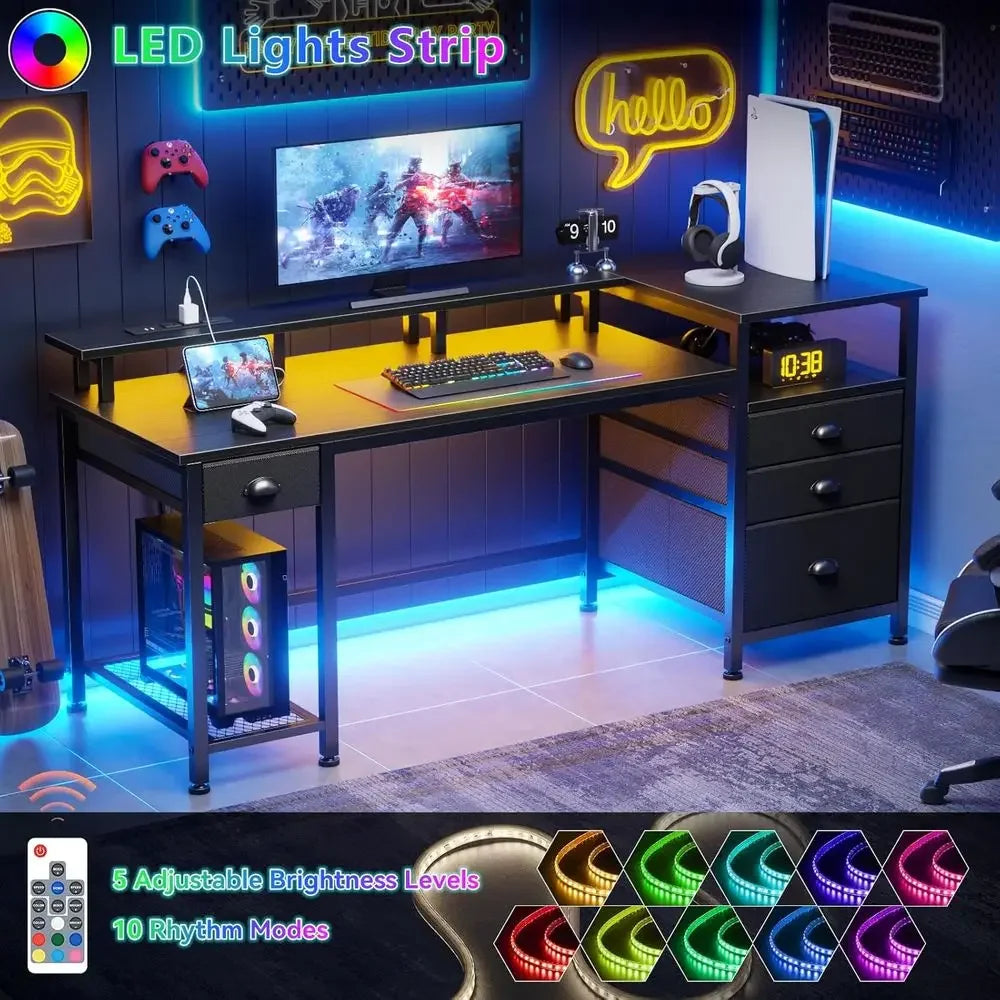 60" Black Computer Desk with 4 Ders and Printer Space, Gaming Desk with LED Lights and USB Power Outlets, Home Oice Desk with ab