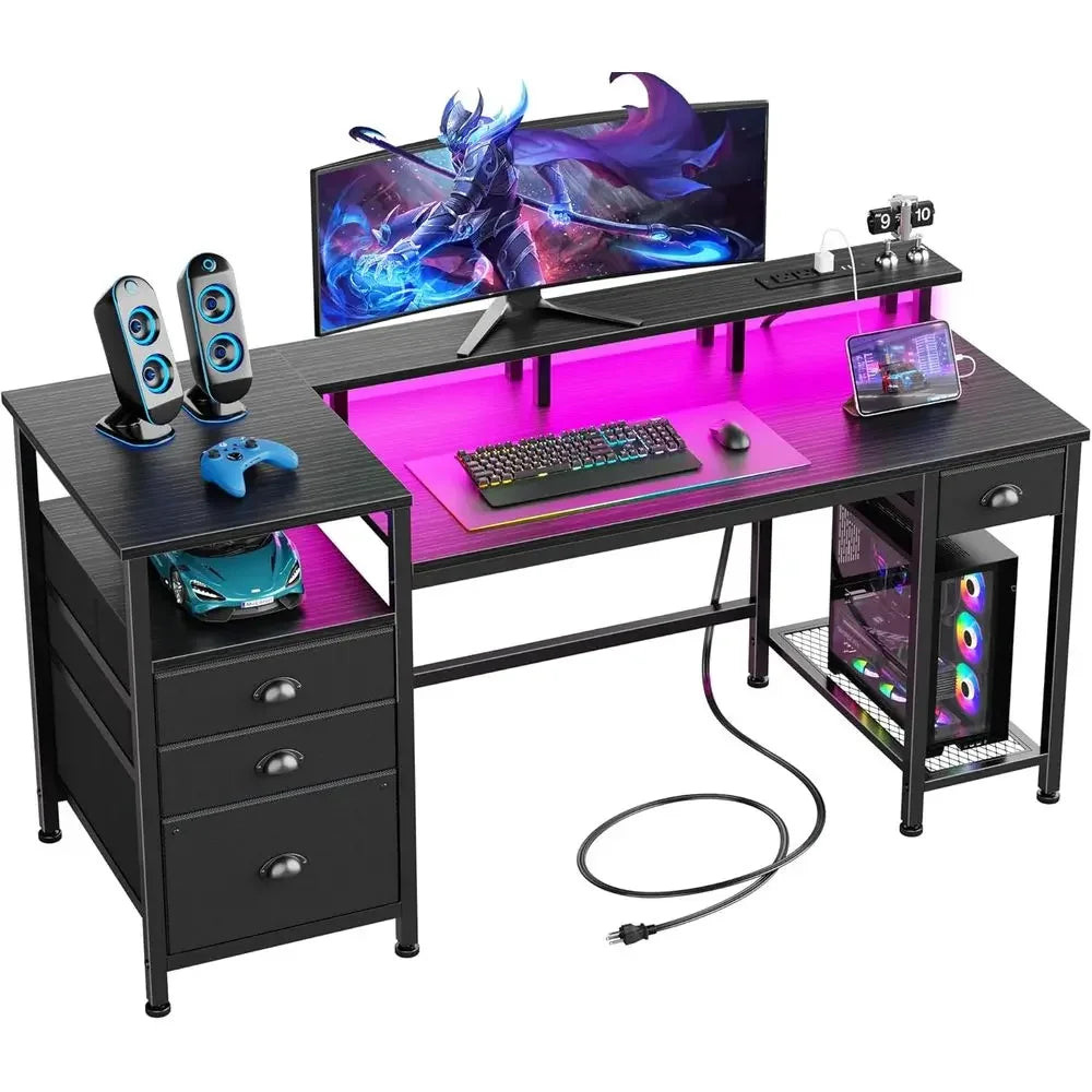 60" Black Computer Desk with 4 Ders and Printer Space, Gaming Desk with LED Lights and USB Power Outlets, Home Oice Desk with ab